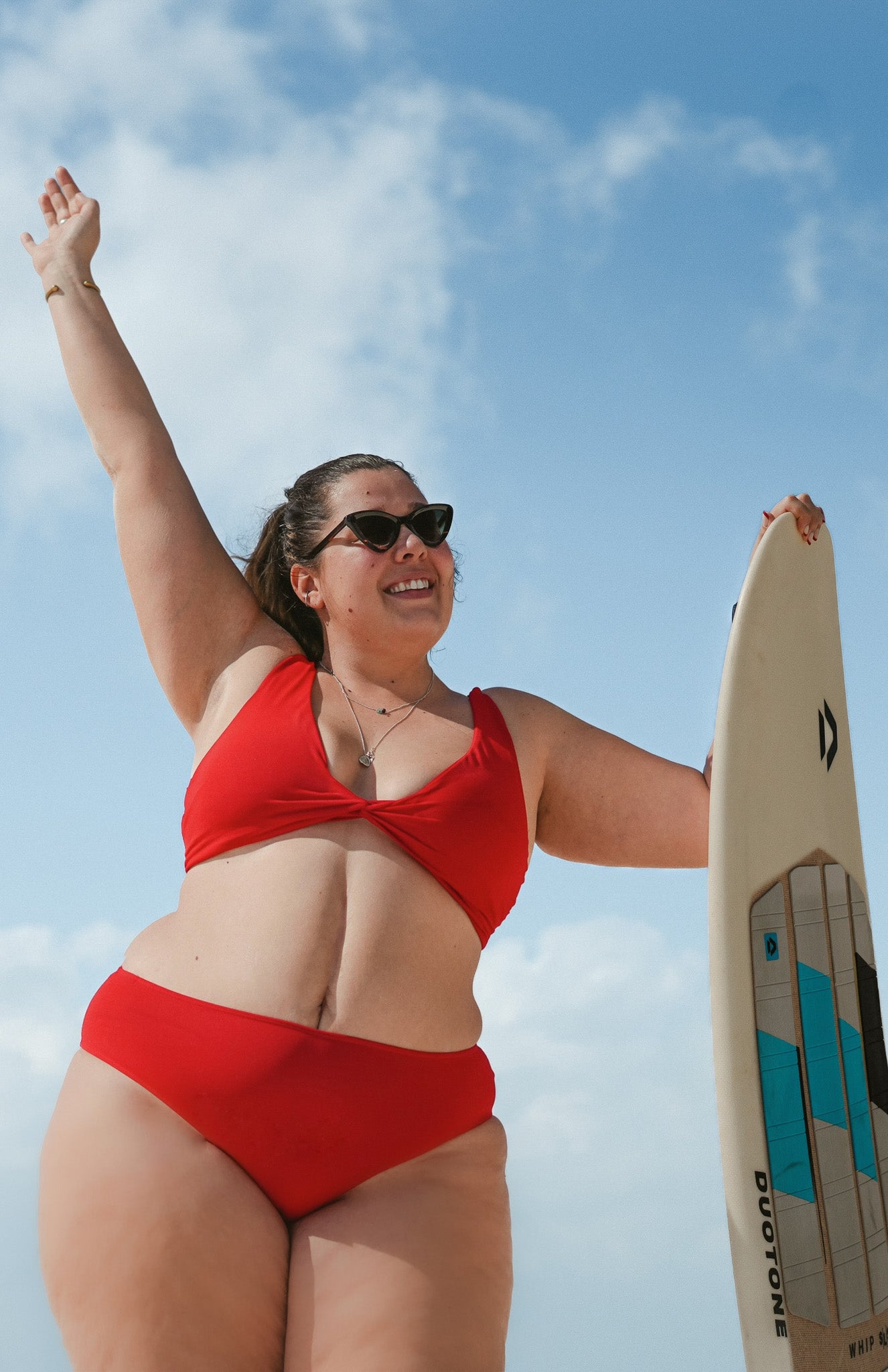 two piece bikini set - high rise bottom - for surfing, swimming, kiting or beach days with a solid bright red color - plus size