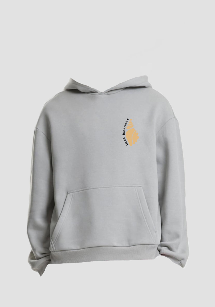 unisex hoodie with an oversized fit, dropped shoulder, big hood, warm with milk grey base color and from and back print
