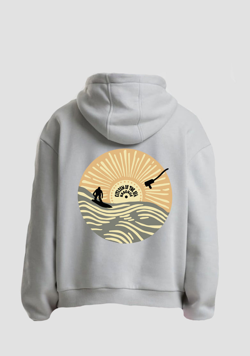 unisex hoodie with an oversized fit, dropped shoulder, big hood, warm with milk grey base color and from and back print