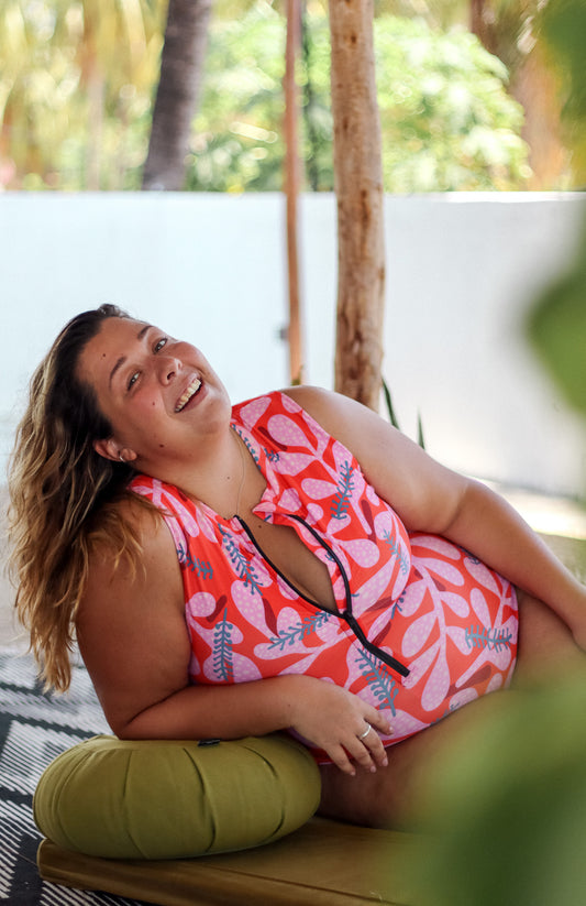 red with corals on it, sleeveless rash guard, lycra, surf suit