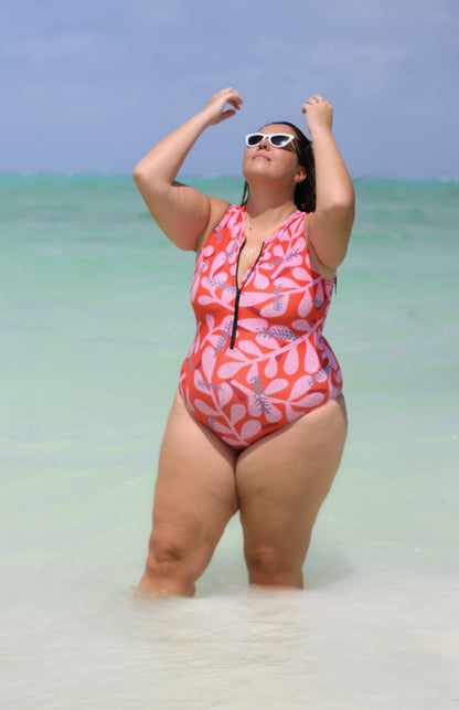 sleeveless surf suit rash guard from lycra with front zipper for women with a print with red orange base with pink and green flowers plus size