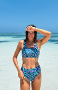 two piece sporty bikini set - top - for surfing, swimming, kiting or beach days with a print in turquoise, blue and pink