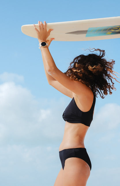 two piece bikini set - bottom mid rise - for surfing, swimming, kiting or beach days with a solid and classic black color 