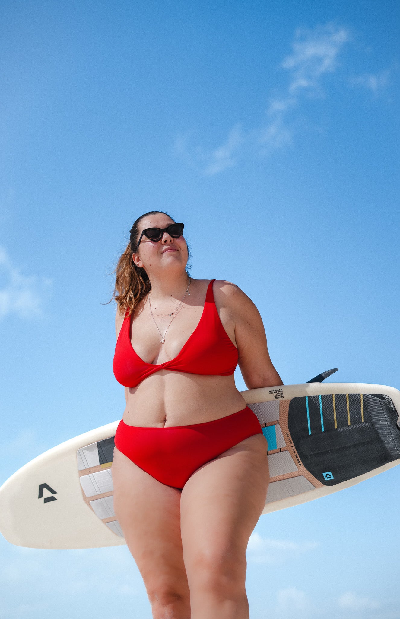 two piece bikini set - top - for surfing, swimming, kiting or beach days with a solid bright red color and a supportive triangle shape - plus size