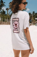 short sleeve cotton light violet t-shirt with an oversized fit with front and back print - citizen of the sea - with shells and Shaka 