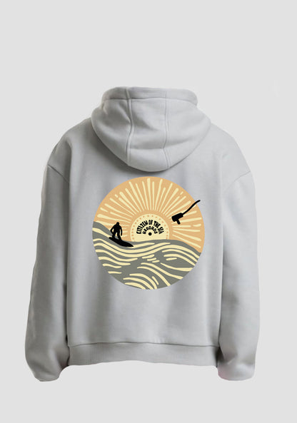 unisex hoodie with an oversized fit, dropped shoulder, big hood, warm with milk grey base color and from and back print