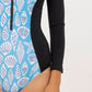 swimsuit, long sleeve, ono piece, black zipper, black sleeves, printed middle with shell print, close up, front