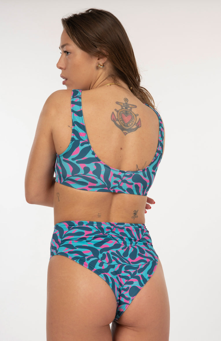 swim suit, bottom, blue and pink print, from the back, booty