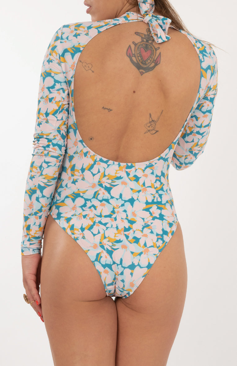 floral print, green, white, orange, swimsuit, backless, long sleeves, tie, back, booty