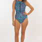 swim suit, one piece, sleeveless, zipper, pink and blue print with leaves, full body, ftont