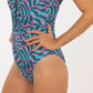 swim suit, one piece, sleeveless, zipper, pink and blue print with leaves, close up, front