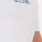 white t-shirt lycra, logo on the front, head print with corals and wave on the back, close up, bahari