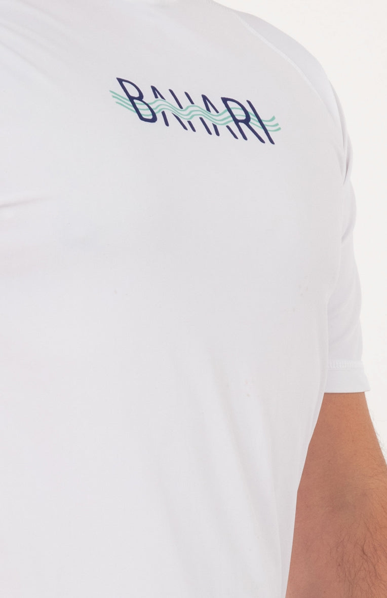 white t-shirt lycra, logo on the front, head print with corals and wave on the back, close up, bahari