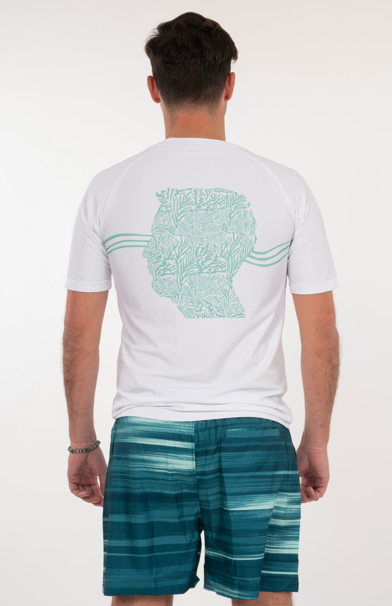 white t-shirt lycra, logo on the front, head print with corals and wave on the back, back full body