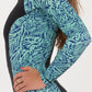 swimsuit, one piece, printed sleeves, turquoise coral print on the sleeves, black main part, color block, side view, close up