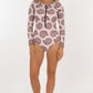 swimsuit, one piece, long sleeves, black zipper, shell print in blush, full body, front